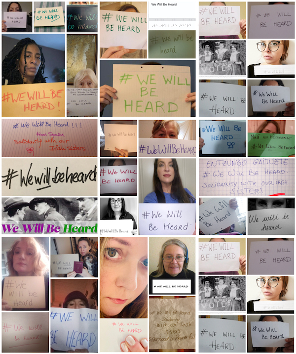 Collage of photos from the #WeWillBeHeard campaign - women holding up signs with that hashtag, some having to hide faces for fear of attack